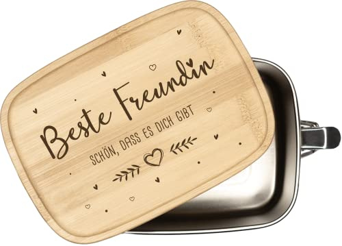 Tassenbrennerei Brotdose mit Spruch - Beste Freundin Schön, dass es Dich gibt - 1000ml Edelstahl Box mit Bambusdeckel graviert - Geschenk für beste Freundin