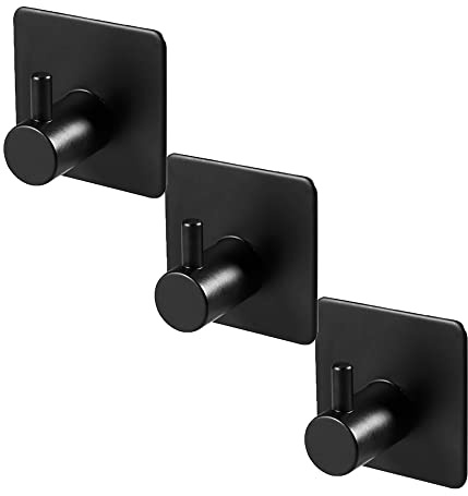 Wandhaken Schwarz Handtuchhaken Selbstklebend Edelstahl Haken Mantel Schlüssel, Klebehaken für Badezimmer Küche Schlafzimmer Büro, 3 Stück