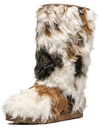 AU&MU AUMU Women Faux Furry Fluffy Short Snow Boot Sheepskin Insole Chestnut/White 12
