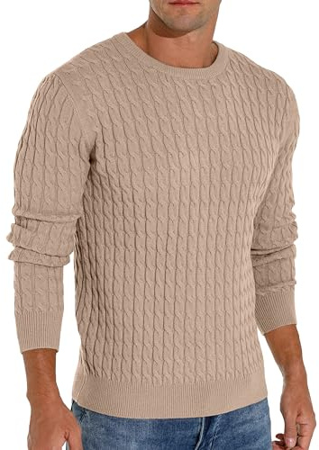 Hisir Men's Winter Cable Knit Jumpers Casual Crew Neck Warm Long Sleeve Pullover Sweater Tops for Men