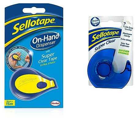 Sellotape On-Hand Dispenser for Both Hands Free Crafting and Wrapping / 1 x Dispenser & 1 x (18mm x 15m) Adhesive Tape Roll, Sellotape 1766006 Super Tape - Clear, 18 mm x 15 m