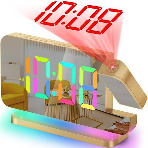 SZELAM Projection Alarm Clock for Bedroom,7.4 LED Mirror Digital Clock Large Display,with 180° Rotatable Projector,RGB Night Light,USB C Port,Auto Dimmer, Loud Desk Clock for Heavy Sleeper - Gold