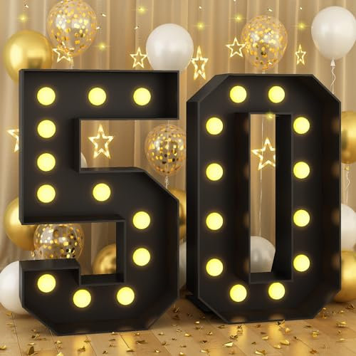 4FT Marquee Light up Numbers 50 Large Black Marquee Numbers for 50th Birthday Decorations Mosaic Numbers Frame Giant Cardboard Numbers with Light Bulbs Pre-Cut Cut-Out Foam Board DIY Anniversary Decor
