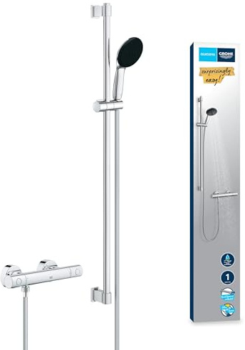 GROHE Precision Get, Duschset mit Thermostat wassersparend, 8l pro Min (Duscharmatur hält Temperatur konstant, Duschkopf 1 Strahlart, 175cm Schlauch, Duschstange 90cm, 3in1 Werkzeug), chrom, 34857000