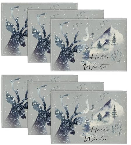 Artoid Mode Hallo Winter Rentier Schneegebirge Schnee Weihnachten Platzsets 6er Set, 30x45cm Winter Tischset Waschbar Platzdeckchen Küche Party Deko