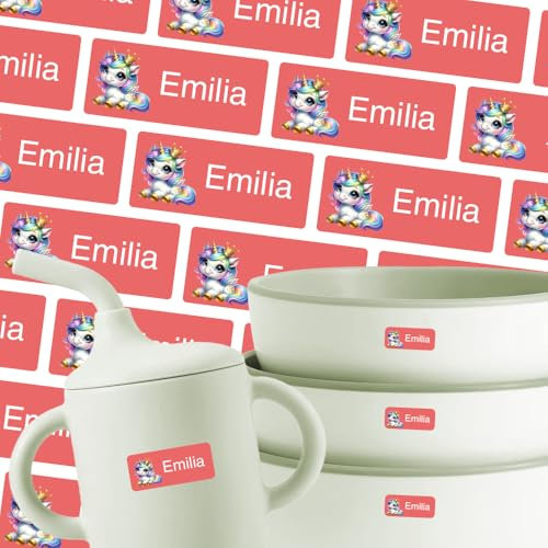Namensschilder für Brotdose, Trinkflasche & Mehr (250 Aufkleber) – Spülmaschinenfeste Namensetiketten mit Einhorn Motiv – Personalisierte Sticker mit Motiv – Waschfest – 30 x 13 mm