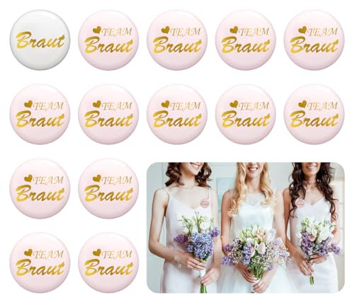 14 Stück Buttons Team Braut,Team Bride Buttons Anstecker,1 Abzeichen “Braut”,13 Abzeichen “Team Braut”,Buttons Team Bride,Frauen Abzeichen für Brautparty, Verlobungsparty, Hochzeit (Rosa, Weiß)