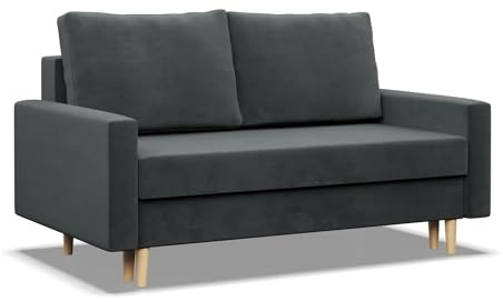 Mebligo - Sofa Mit Schlaffunktion und Bettkasten Blank, 2 Sitzer 152 cm Breit, Schlafsofa Mit Bonellfederkern im Sitz, Ausziehbares Couch auf Holzfüßen, Wohnzimmer - Dunkelgrau