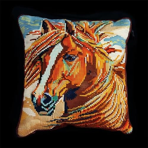 Kitquiver Knüpfkissen Set Tier Pferd Knüpfen und Weben Set 43X43cm Bastelset Knüpfen Kissen Bastelset Knüpfen Handwerksset Kissen DIY Bastelset für Anfänger für die Sofa-Heimdekoration