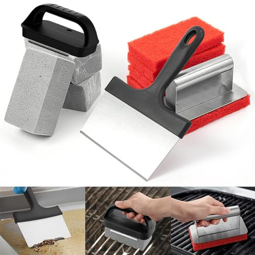 Grillrengöringssats för svartsten, professionellt grillskrapkit med skrapa, grillsten och skurdynor med handtag, 10 stycken