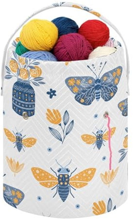 Fustylead Schöne Schmetterlinge Bienen Blumen und Insekten Häkel-Kordelzug Organizer, große Garntasche Aufbewahrungskorb zum Häkeln unterwegs, Kit-Halter, Geschenk für Stricker, Häkelanfänger