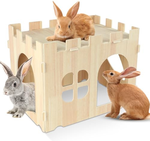 Sbayool Großes Kaninchenhaus und Verstecke aus Holz, Kaninchenversteck Schloss, abnehmbares Hasen-Spielhaus für den Innenbereich, Erwachsene, Kaninchen, Meerschweinchen, Chinchilla, Lebensraum