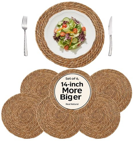 13.8 Round Woven Placemats Set of 6 - Boho Farmhouse Rattan Chargers for Dinner Plates, Braided Jute Table Mats for Dining Decor, Natural Water Hyacinth Heat Resistant Place Mats