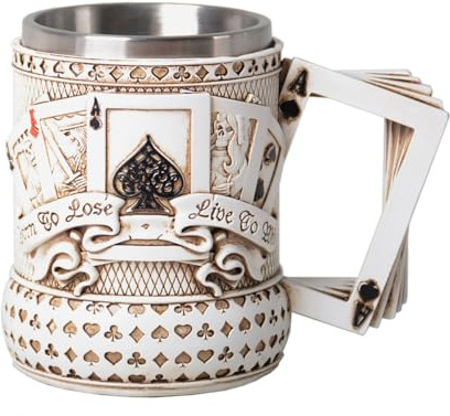 HAUCOZE ölkrus ölmugg med mugg i rostfritt stål, ölrep med handtag, 450 ml, pokerdesign, öltankard för män, oktoberfest pappa present