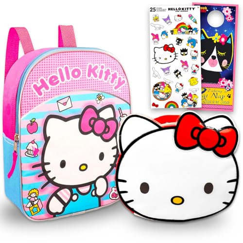 Hello Kitty - Juego de mochila y bolsa de almuerzo – Paquete con mini bolsa escolar de 11 pulgadas, fiambrera, botella, calcomanías, más | Suministros escolares Hello Kitty para niños