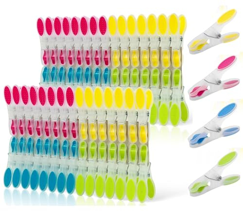 DD hayyp Clothes Pegs, 60 Packs Clothes Pegs for Washing Line, Strong Grip Non Slip Washing Pegs, Soft Grip Long Lasting Plastic Laundry Pegs with Rubber Pad, 4 Colors Clear