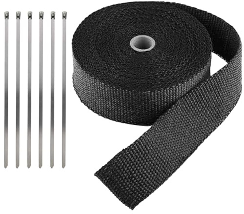 LKRXW Hitzeschutzband Auspuffband Glasfaser Auspuff Isolierband Motorrad Auspuffkrümmer Band Hitzeschild Thermoband Krümmerband Wickelband Schwarz 5CM x 10M mit 6 Kabelbinder