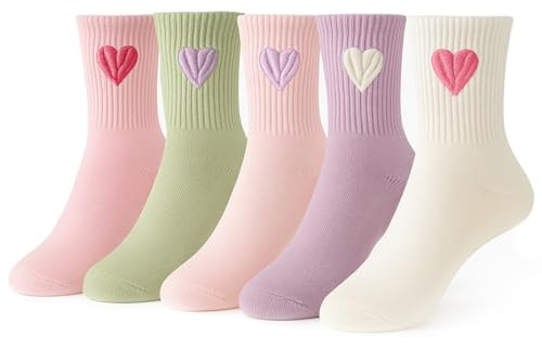 IKOPFLN 5 Paar Herz Tennissocken für Mädchen Sportsocken Kinder 8-13 Tennis Socken mit Herz Crew Socks Laufsocken Sport Socken for Kinder