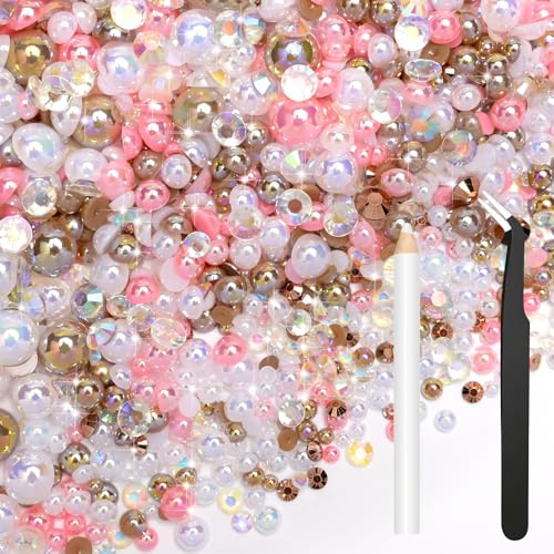 Bouiexye Mezcla de 80 g de medias perlas y piedras brillantes para manualidades, color marrón, rosa, strass para ropa, manualidades, cara, arte de uñas, botellas, vasos, zapatos, regalos, DIY