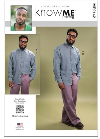 Know Me ME2142A Men's Baggy Button-up Shirt and Jeans Sewing Pattern Packet by Norris Dánta Ford, Design Code ME2142, Sizes 34-36-38-40-42