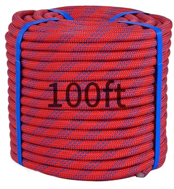 100Ft 1/2 Inch Heavy Duty Climbing Rope - for Tree Swing, Pulling, Outdoor & Gym Use (Red)