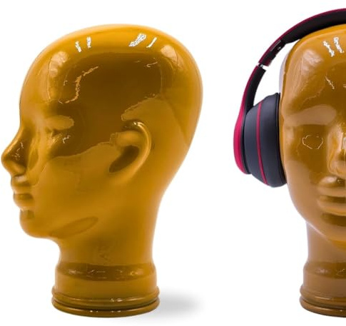 Glaskopf Ständer für Kopfhörer, Headset & VR-Brille – Dekorativer Kopf aus Glas – Design Kopfhörerhalter - Farbe: OP1 gelb