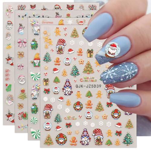 JMEOWIO 3D Nagelsticker Weihnachten Niedlich Feiertag Nail Art Sticker Selbstklebend Nagelaufkleber 5D Stereoskopisch Dekoration Nageldesign Zubehör 4 Blatt