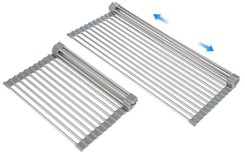 Large Expandable Roll Up Dish Drying Rack, Heat-Resistant Dish Drainer for Stainless Steel Sinks, Over The Sink Non-Slip Silicone Rollable Dish Drainer Roll Rack 18 Tube Gray 21.25''x12.79''
