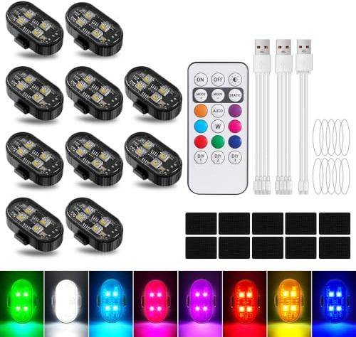 10pcs luci stroboscopiche LED wireless, 8 colori 10 tipi di effetti luminosi ricaricabili tramite USB luci di segnalazione anticollisione luci stroboscopiche LED per biciclette, droni, motociclette