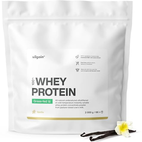 Vilgain Grass-Fed Whey Protein (2000g) Vanille, Eiweißpulver Konzentrat aus Weidemilch, Gesüßt mit Stevia, Ohne Zuckerzusatz, Ultrafiltriertes Protein Pulver für Shakes, 2 kg