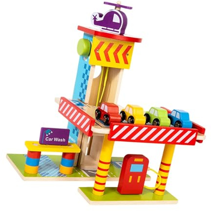 Milageto Garage de stationnement en Bois à Trois Niveaux, Jouet de Garage, Station-Service, Jeu de rôle réaliste, Simulation, Jouet interactif