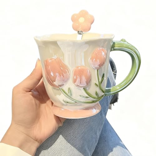 VABILNIY Coffee Mug Espresso Cup 14oz Ceramic Coffee Mugs Porcelain Coffee Cup Hand-Painted flowers Art Multiple Use for Kitchen, Dining-Pink