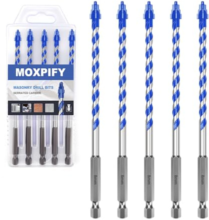 MOXPIFY 5PCS 8mm x 150mm Masonry Drill Bits Set, Porcelain Tile Drill Bit, Tungsten Carbide Drill Bit for Tile, Glass, Ceramic, Marble, Concrete, Brick, Granite, Wood