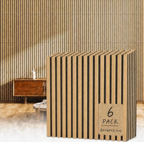 Aptliton 3D Wooden Acoustic Wall Panels, Set of 6, 23.6 x 23.6 x 0.8'' | Sound Absorbing Decorative Tiles for Noise Reduction, Modern Slat Wall Paneling, Teak Color, for Home Theater, Office