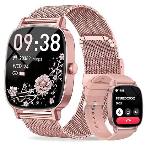 Smart Watches for Women, Answer/Make Call, 1.85'' HD Screen Fitness watch with Heart Rate/Sleep/SpO2 Monitor, Smart watch for iPhone/Android, 120+Sport Mode, IP68 waterproof - Two Straps, Rose Gold