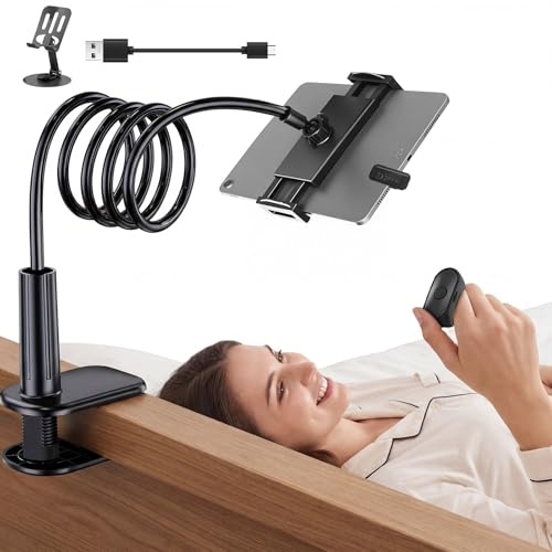 TXErfolg Gooseneck Holder with Kindle Remote Control Side Turn Set, Adjustable Tablet Holder for Reading in Bed, eReader Stand with Page Turner for Kindle Accessories/iPad/Mobile Phone 5 - 12.9 Inches