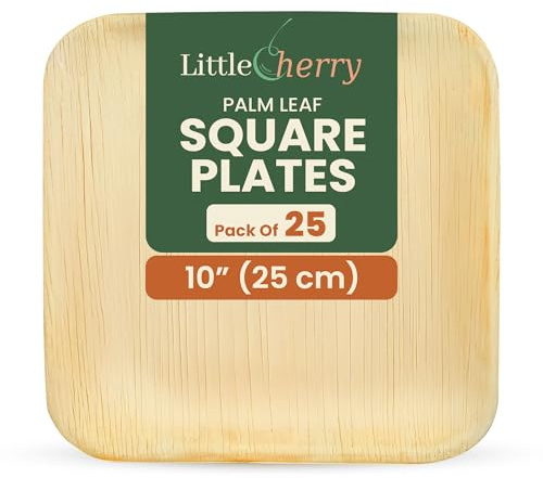 Little Cherry 25pcs Disposable Palm Leaf Large Square Plates 10(25cm) | Eco Friendly Biodegradable Compostable Like Wooden, Bamboo, Paper Plates for Picnic Wedding Parties