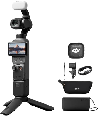 DJI Osmo Pocket 4 Combo Créateur, caméra de poche stabilisée pour vlog, CMOS 1″ et 4K/240fps, 107 Go de mémoire intégrée, Transmetteur Mic 3 (Combo Créateur)