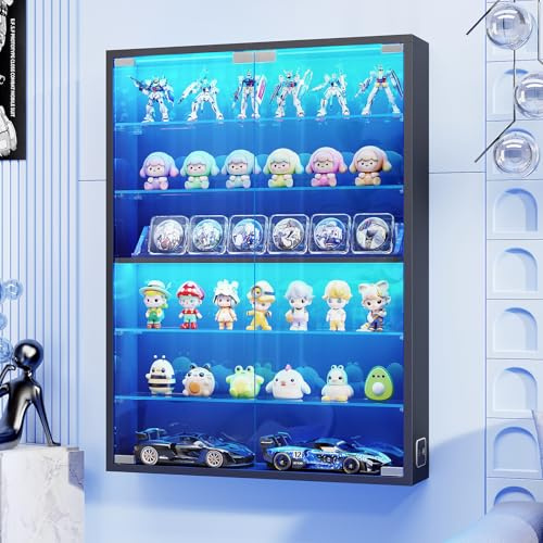 BROTTAR Wandvitrine mit Glastüren, Vitrine für Sportkarten, schwarz | 6-stöckige, verstellbare Glasablagen, Vitrine für Schnapsgläser und Sammlerstücke, Vitrine für Sammelkarten, schwarz