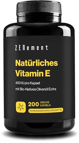 Vitamina E Natural 400 UI, 200 Perlas (7 meses de Suministro) | Potente Antioxidante, Protege las células del Estrés Oxidativo | D-Alfa-Tocoferol con Aceite de Oliva Virgen Extra | Zenement