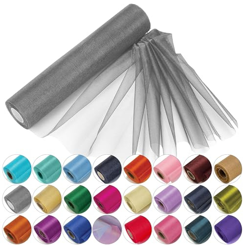 Trimming Shop Organza-Rolle, schneetransparenter Glitzerstoff, 25 m x 29 cm, elegantes dekoratives Tuch für Stuhl, Schleife, Tischläufer, Hochzeitslocation, Partydekoration, dunkles Silber | Tischläufer, Stuhlschleife und Girlanden Stoff für Hochzeitsdekoration, Partys und Bastelarbeiten