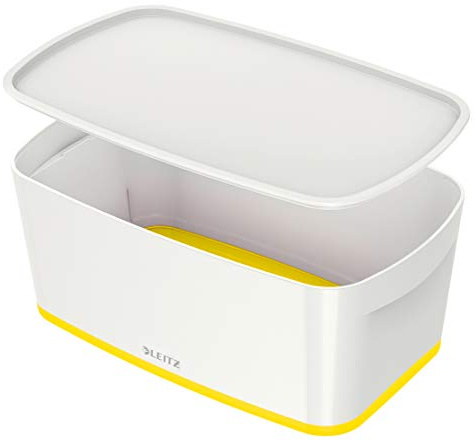 Leitz A5 MyBox Small with Lid, Storage Box for Home and Office, 5 L, High Gloss, Plastic, White/Yellow
