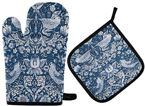 Oven Mitts and Potholder Set William Morris Oven Mitts Heat Resistant Kitchen Counter Safe Mats Oven Gloves Non-Slip Grip for Microwave BBQ Cooking Baking Grilling