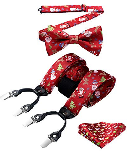 HISDERN Mens Christmas Braces for Trousers Y-Back Red Suspenders with Strong Clips Xmas Suspender with Bow Tie and Pocket Square Set for Men