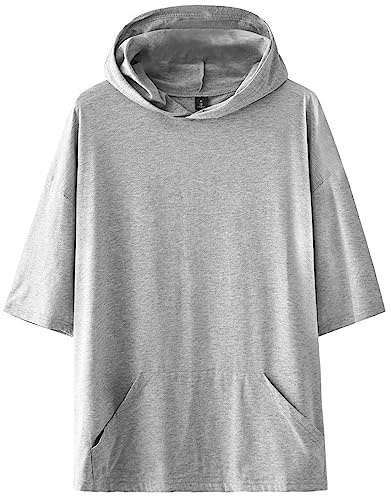 KENAIJING Hommes Sweat Manches Courtes Tee Shirt à Capuche Décontracté Sweatshirt Hoodie（Gris, L）