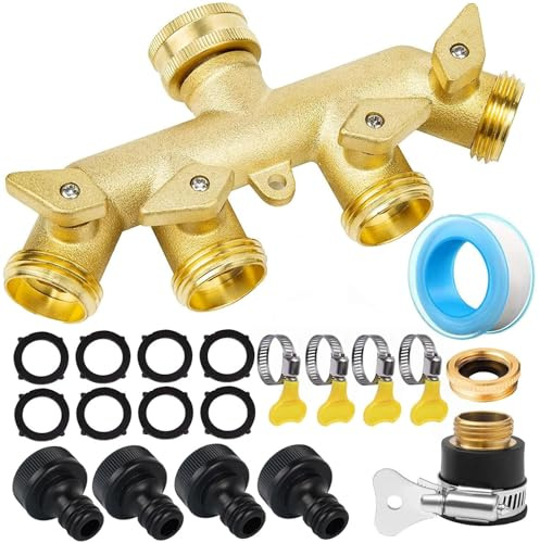 MKNZOME Messing 4-Wege-Gartenschlauch-Splitter-Set, Schlauchhahn Wasser Verteiler für Garten Bewässerung Küche, 3/4 Gewinde Wasserhahn-Splitter, Schlauchverbinder mit Individuellen An/Aus- Ventilen