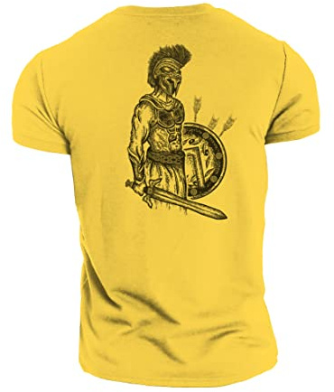 GYMTIER Spartan Forged - Sword and Shield - Men's Gym T-Shirt Bodybuilding Training Workout Lifting Top Clothing, Yellow, M