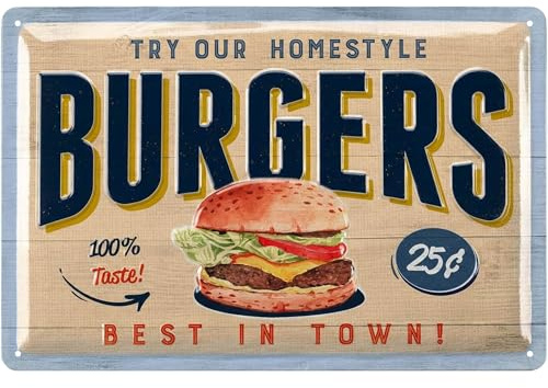 LANOLU Retro Blechschilder Küche - BURGERS - Blechschild grillen - BBQ Grill Schild - Retro Deko Vintage - Grillplatz, Garten, Bar, Küchen Deko - Metallschilder in 20x30 cm