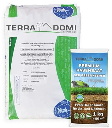 TerraDomi 25kg Rasendünger NPK 15-15-15+11 + 1kg Premium Rasensamen |Volldünger, leistungsstarker Universaldünger für Frühjahr & Herbst | Langzeitwirkung | Rasensaat zur An-& Nachsaat