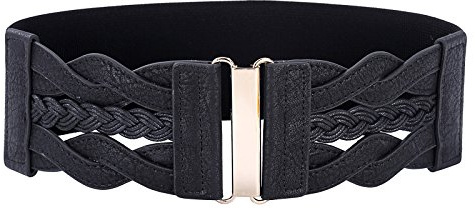Damen Lässiger Breiter Vintage Geflochtener Stretch Kleidgürtel mit Goldener Schnalle Schwarz L